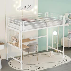 White Twin Size Metal Loft Bed with Desk and Metal Grid