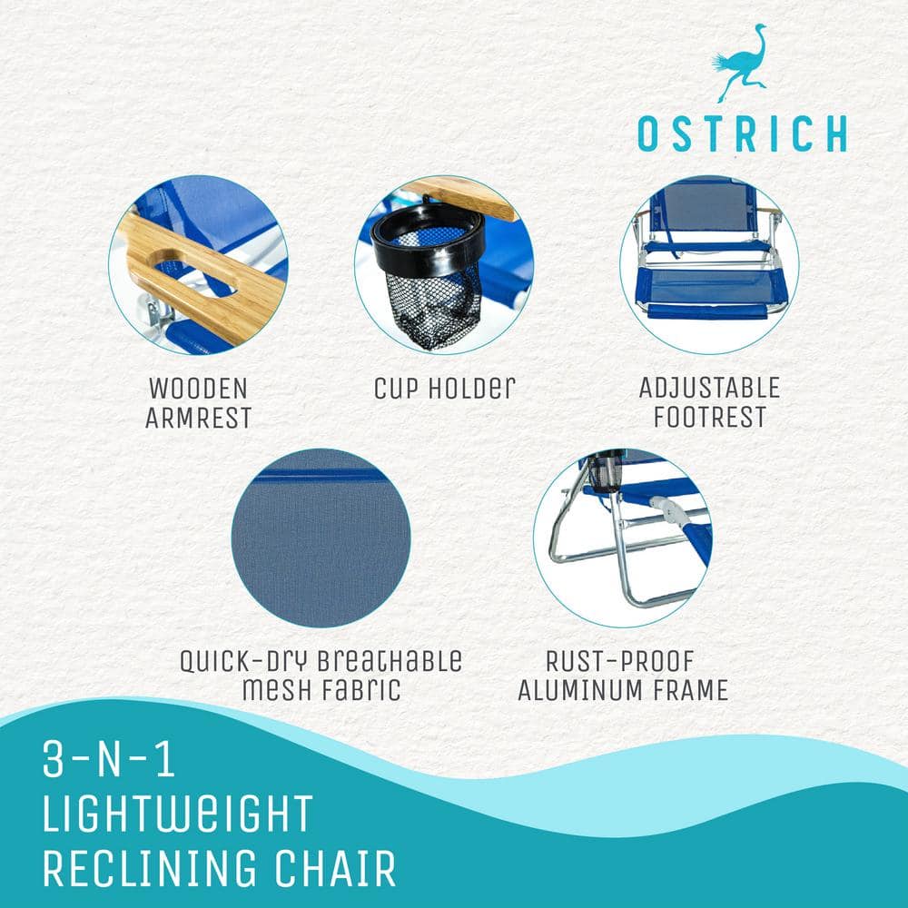 Blue Aluminum Frame Reclining Beach Armchair with Footrest