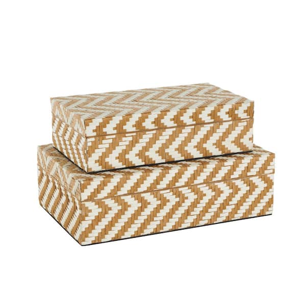 Litton Lane Rectangle Paper Handmade Woven Zig Zag Storage Geometric Box with Cream Accents (Set of 2)