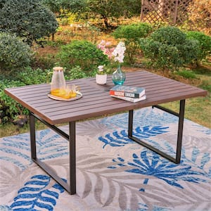 Black Rectangle U Shaped Wood-Look Metal Patio Outdoor Dining Table with 1.77 in. Umbrella Hole