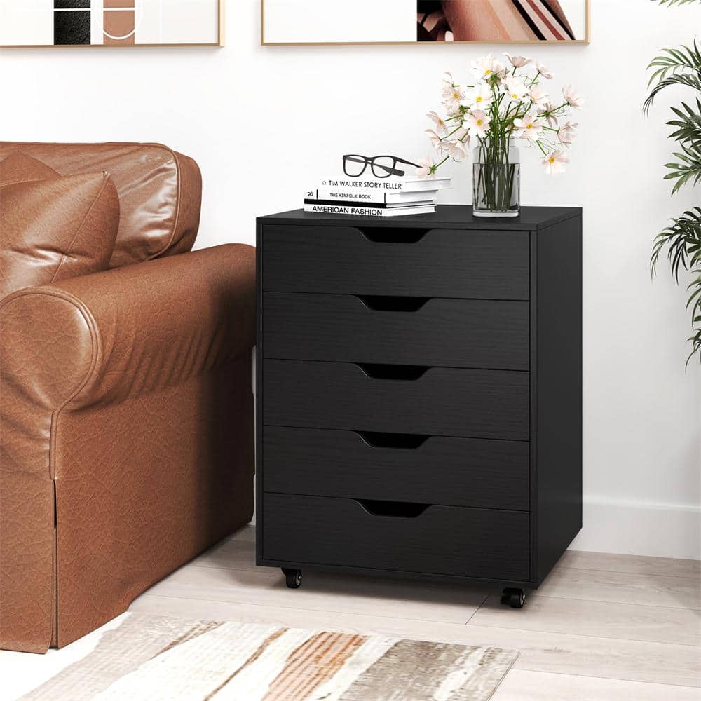 Black MDF 5-Drawer Mobile Storage Cabinet with Wheels