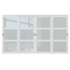 144 in. x 80 in. 3-Lite Frosted Glass White Primed MDF Interior Closet Sliding Door with Hardware and Sliver Handles