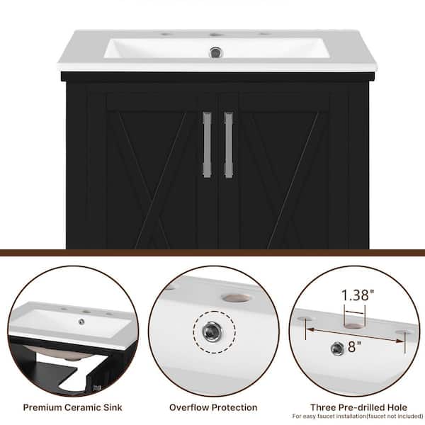 24 in. Single Sink Black Bath Vanity with White Ceramic Top, 2 Soft-Close Doors, 1 Divided Drawer, Unassembled