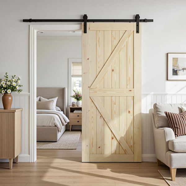 K Model 28 in. x 84 in. Unfinished Natural Solid Wood Assembly Required Interior Sliding Barn Door Slab