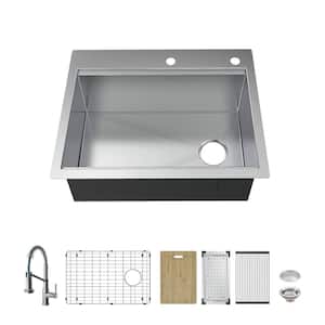 Professional Zero Radius 30 in Drop-In Single Bowl 16 G Stainless Steel Workstation Kitchen Sink with Spring Neck Faucet