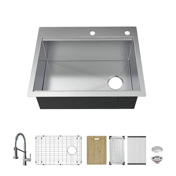 Glacier Bay Professional 30 in. Drop-In Single Bowl 16 Gauge Stainless Steel Workstation Kitchen Sink with Spring Neck Faucet