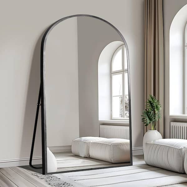 38 in. W x 71 in. H Full Length Arched Free Standing Body Mirror, Metal Framed Wall Mirror, Large Floor Mirror in Black