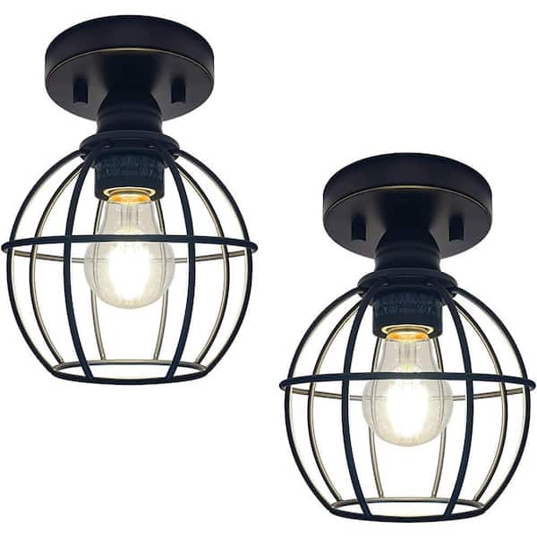 6.6 in. Oil Rubbed Bronze Semi Flush Mount with Metal Cage Ceiling Light Fixture (2 x A19 LED Bulb Included)-2 Pack