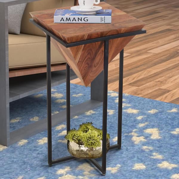 THE URBAN PORT Ida 15 in. Brown and Black Square Wooden Side Table with Cross Metal Base