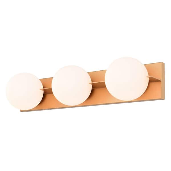 Parkview 24 in. W 3-Light Satin Brass Vanity Light Fixture Mid-Century Modern Frosted Opal Glass Globe Bathroom Wall