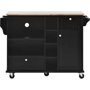 Oasis Dark Black Wood 50.8 in. Kitchen Island with Storage Cabinet and 2 Locking Wheels, Solid Wood Desktop