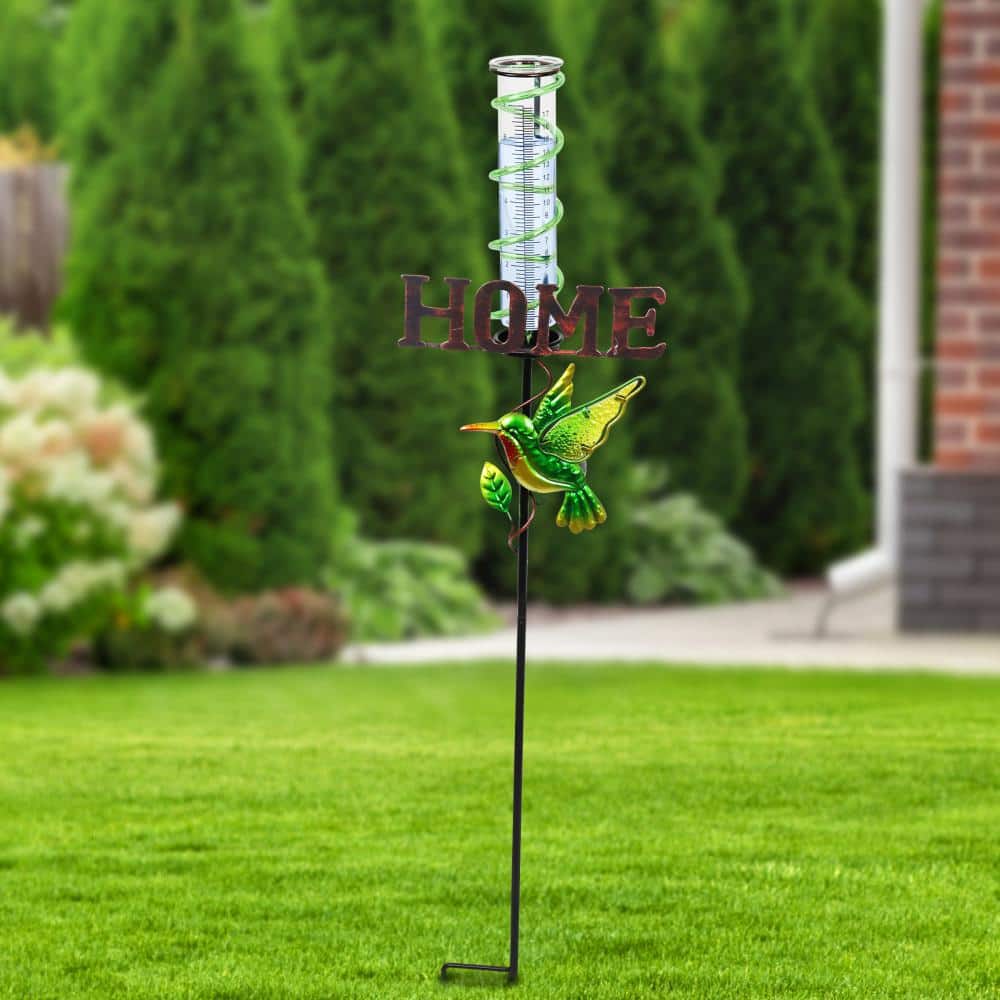 Green Metal Solar Hummingbird Rain Gauge Garden Stake