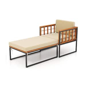 Black Metal Acacia Wood Outdoor Chaise Lounge with Beige Cushions