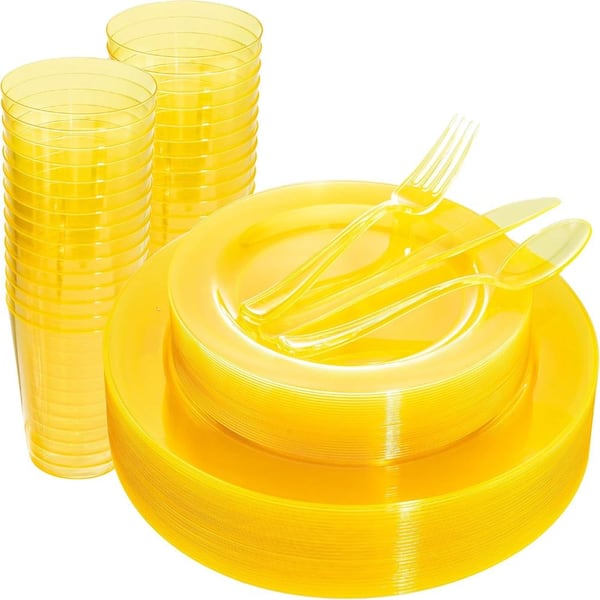 Neon Yellow Disposable Plastic Party Plates, Forks, Knives, Spoons and Cups for 25 Guests (Set of 125)