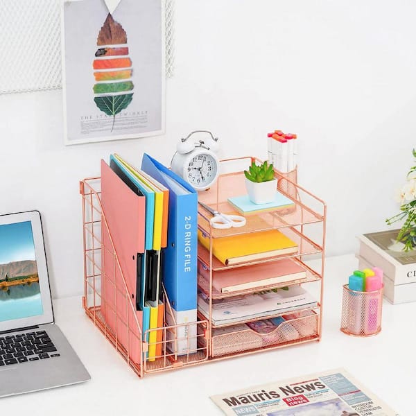 13.77 in x 11.02 in Red Metal Desk Organizer with File Holder, 5-Tier ...