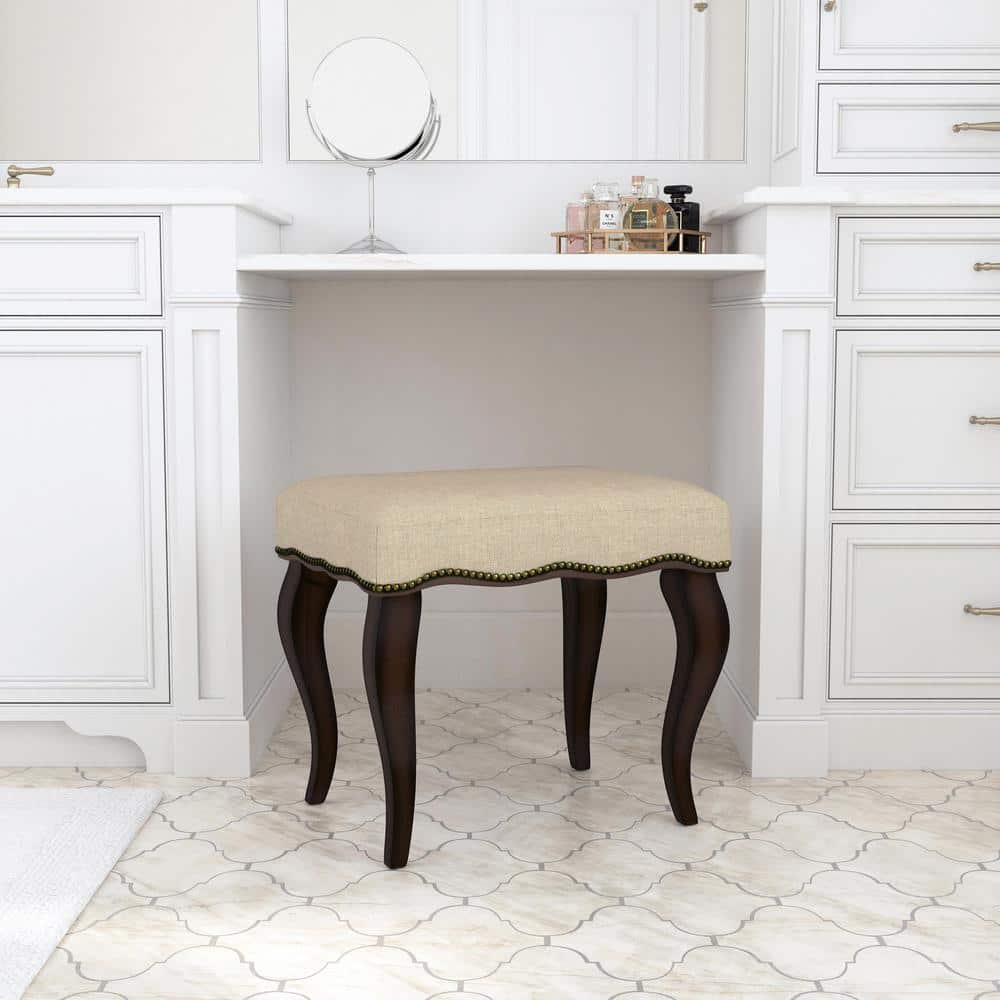 19" Burnished Oak and Cream Upholstered Backless Vanity Stool