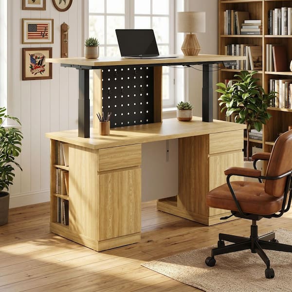 パシフィックファニチャー US カウンターテーブル コンソール デスク 作業台 FUFU&GAGA 54.3 in. Rectangular Yellow Wood Grain 2-Drawer Computer