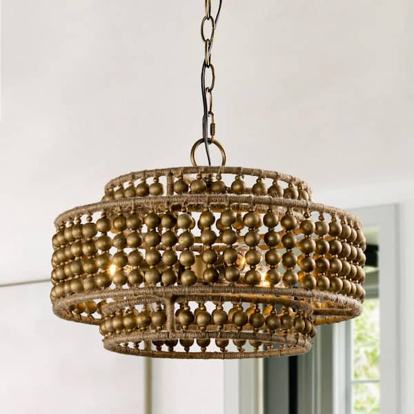 Parrot Uncle 3-Light Antique Gold Boho-chic Drum Wood Beaded Chandelier with Rope Accents
