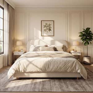 Solara Modern White Boucle Fabric Upholstered Metal Frame California King Platform Bed with Curved Thick Headboard