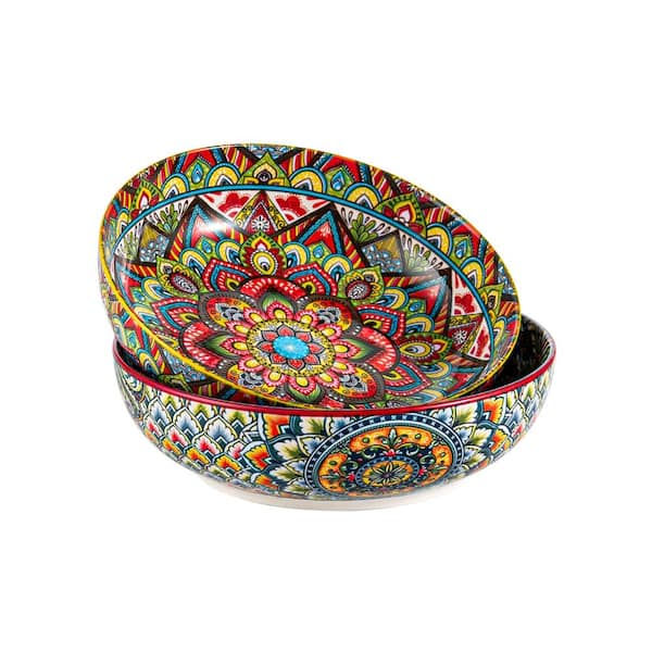 50 fl. oz. Multicolor Ceramic Bohemian Wide Shallow Handcrafted Glossy Glazed Pasta Salad Bowl (Set of 2)