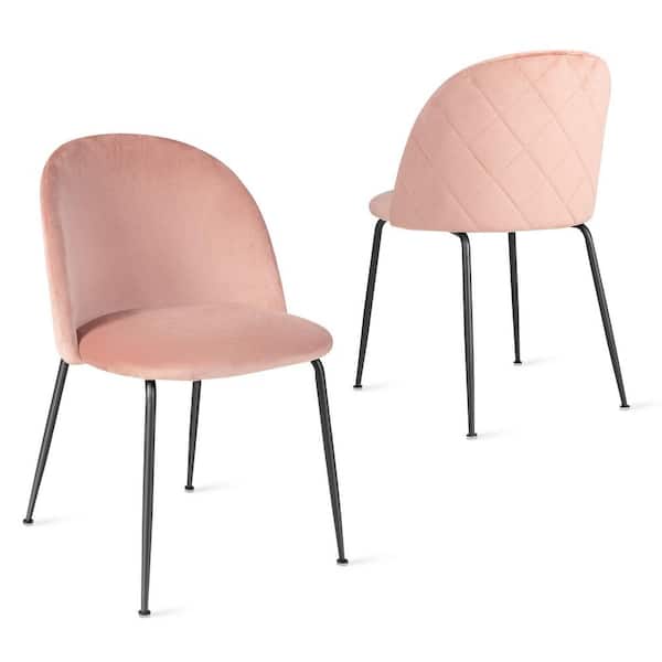 Gymax Pink Dining Chair Set of 2 Upholstered Velvet Chair Set with Metal Base for Living Room