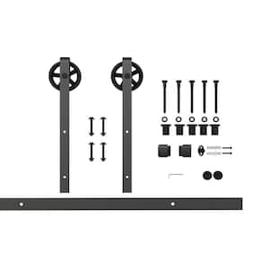 78-3/4 in. Black Solid Steel Spoked Wheel Classic Strap Rolling Barn Door Hardware Kit for Single Wood Doors