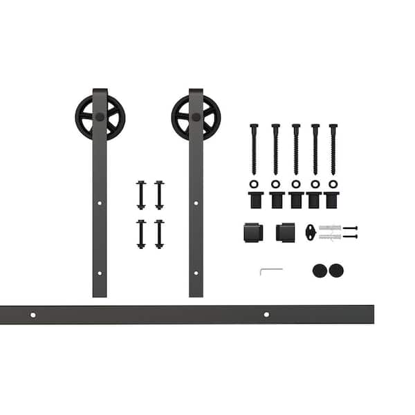 American Pro Decor 78-3/4 in. Black Solid Steel Spoked Wheel Classic Strap Rolling Barn Door Hardware Kit for Single Wood Doors