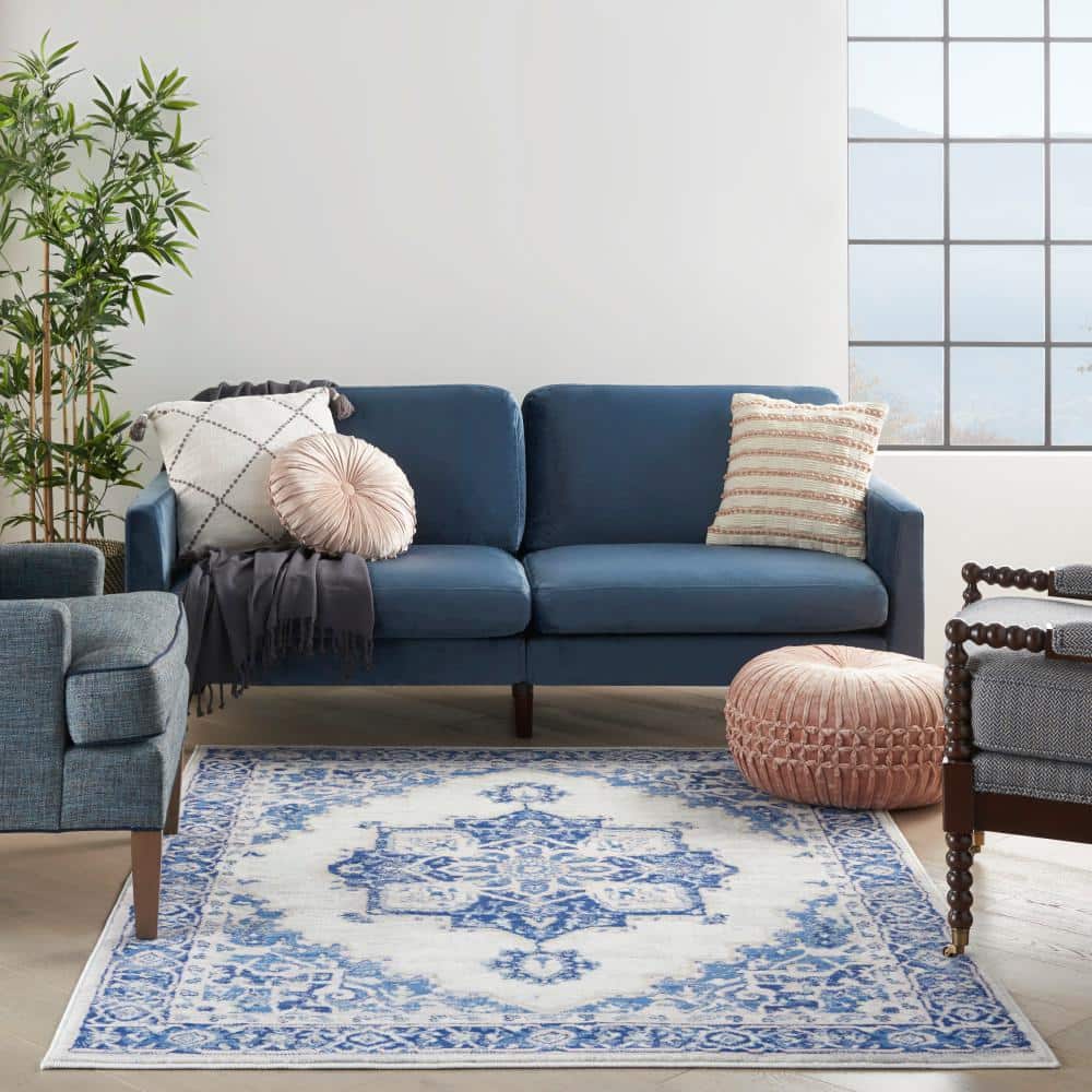 Ivory Blue Floral 4' x 6' Reversible Synthetic Area Rug