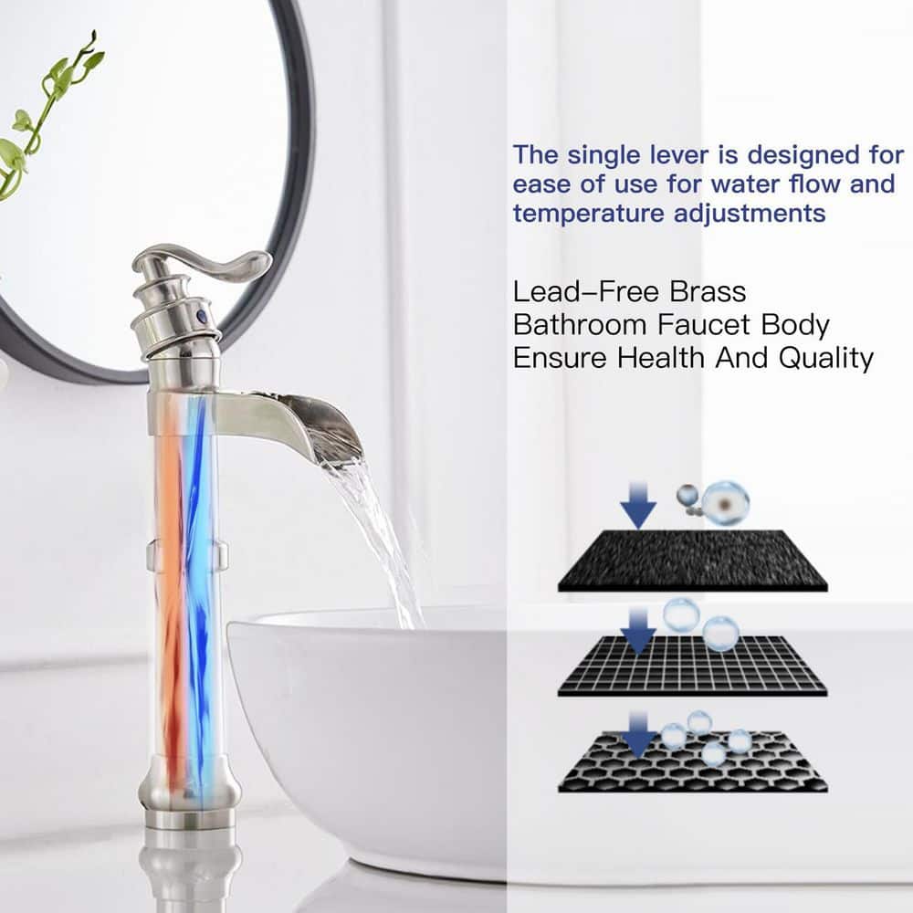 Brushed Nickel Waterfall Spout Single Handle Vessel Faucet