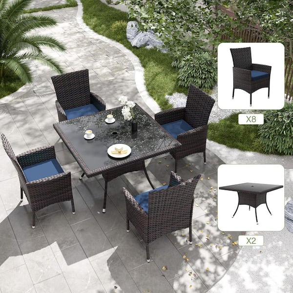 5-Piece Wicker Square Outdoor Dining Set with Glass Tabletop, 1.5 in. Umbrella Hole and Cushion Navy Blue