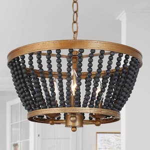 Modern Drum Dining Room Chandelier Light 3-Light Antique Gold Round Chandelier with Black Wooden Beads