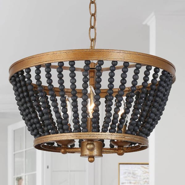 Uolfin Modern Drum Dining Room Chandelier Light 3-Light Antique Gold Round Chandelier with Black Wooden Beads