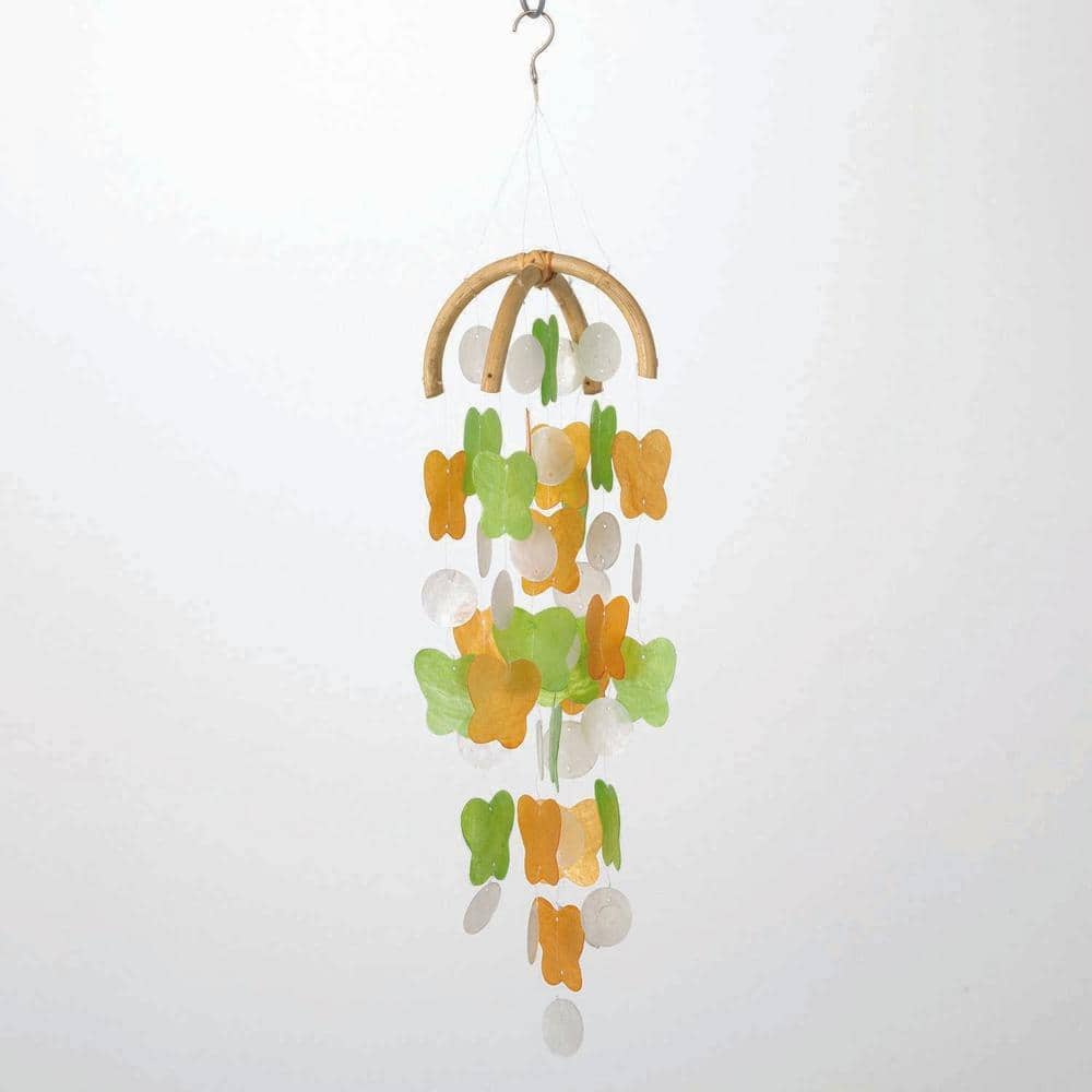 Handcrafted Butterfly Capiz Wind Chime in Patina Green and Marigold