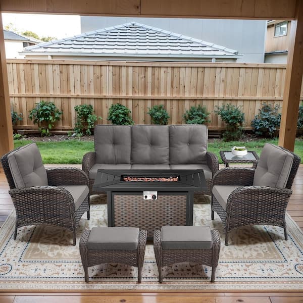 Brown 7-Piece Wicker Patio Fire Pit Set, Outdoor Sofa Seating Set with Olefin Gray Cushions and Ottoman, Side Table