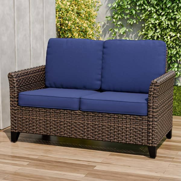 2-Color Brown Wicker Outdoor Patio Loveseat Sofa with Blue Cushions, Wide Armrest