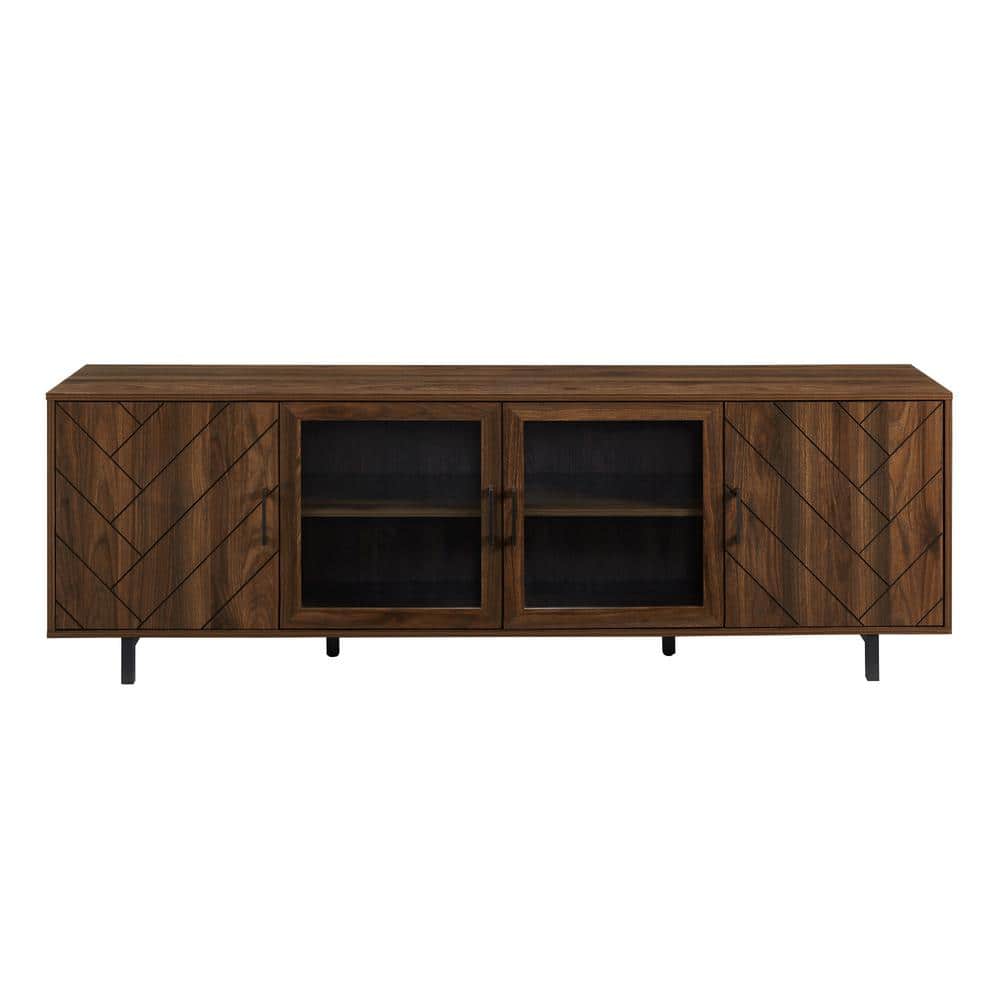 Dark Walnut Herringbone 70" TV Stand with Glass Doors