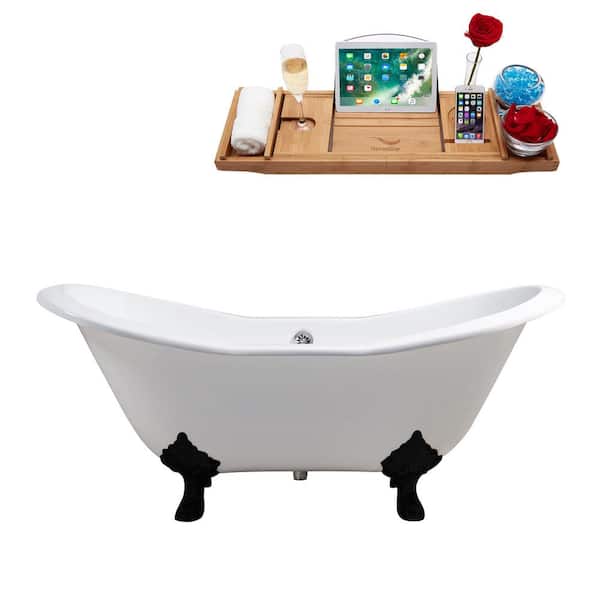Streamline 72 in. x 31 in. Cast Iron Clawfoot Soaking Bathtub in Glossy White with Matte Black Clawfeet and Polished Chrome Drain