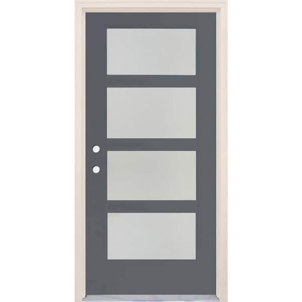 Builders Choice 36 in. x 80 in. Right-Hand/Inswing 4 Lite Satin Etch Glass London Painted Fiberglass Prehung Front Door w/6-9/16" Frame