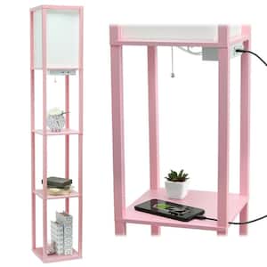62.5 in. Light Pink Floor Lamp Etagere Organizer Storage Shelf w/ 2 USB Charging Ports 1 Charging Outlet and Linen Shade