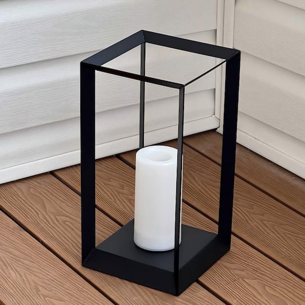 H14 in. Black Modern Minimalist Solar Lantern with LED Candle, Geometric Decorative Table Lamp for Indoor/Outdoor Patio