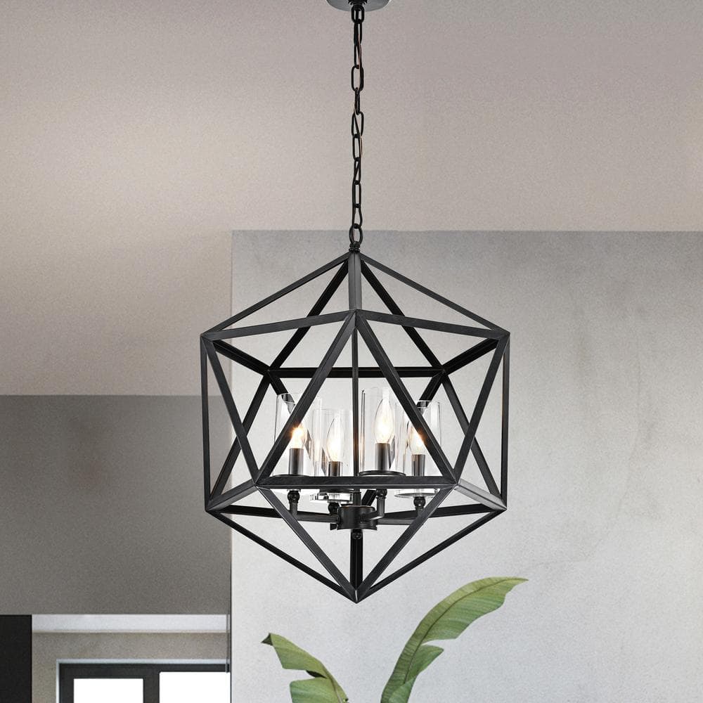 Antique Black Geometric Cage Chandelier with Glass Shades