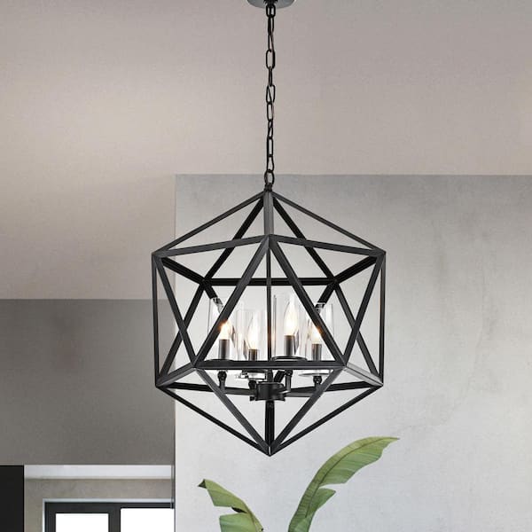 Renzo 4-Light Antique Black Geometric Iron Modern Farmhouse Cage Chandelier with Clear Glass Shades