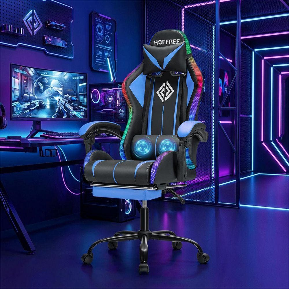 LED Faux Leather Gaming Chair with Massage Ergonomic Computer Chair in Black and Blue Color with Adjustable Arms
