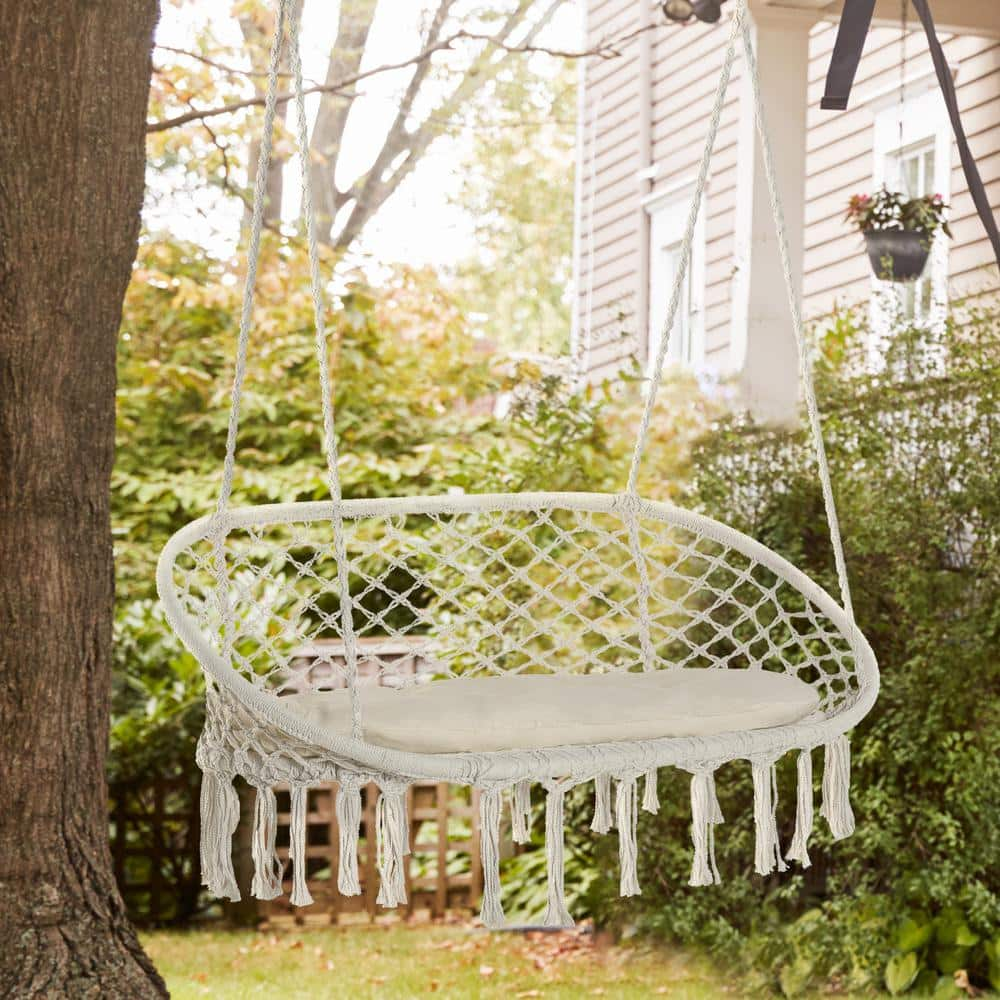 2 Person Hammock Macrame Swing Hanging Cotton Rope Chair with Soft Cushion for Outdoor Home Patio Backyard White XY W2225P174059 The Home Depot