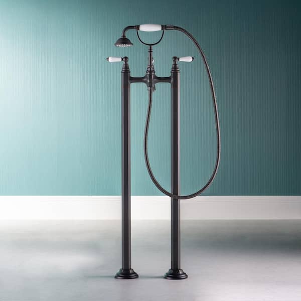 3-Handle Freestanding Floor Mount Claw Foot Tub Faucet with Hand Shower in Oil-Rubbed Bronze Finish