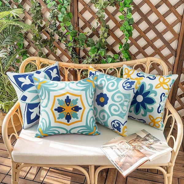 18 in. x 18 in. Blue Outdoor Waterproof Throw Pillow Covers Floral Printed  and Boho Farmhouse Outdoor Pillow (Set of 4) B096Z5HT2G - The Home Depot