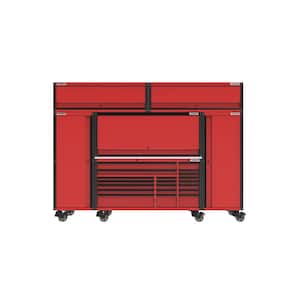 127 in. W x 24.5 in. D Professional Duty 20-Drawer Mobile Workbench Combo with 2 End Lockers and Top Lockers in Red