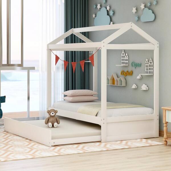 White Twin Size House Bed With Trundle, Childrens Twin Size Beds