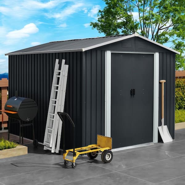 8 ft. x 10 ft. Outdoor Metal Storage Shed Garden Tool Room with Floor Base and Sliding Doors, Black (70 sq. ft.)