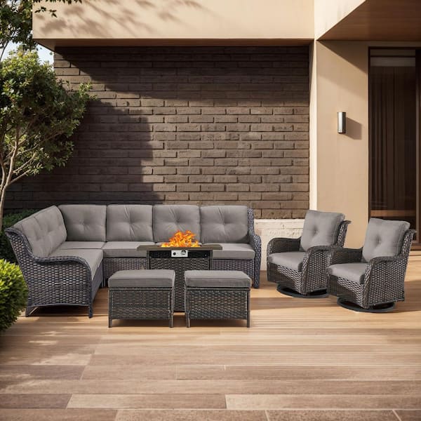 moosprr Arcline 7-Piece Brown Wicker Fire Pit Conversation Set with Olefin Gray Cushions L-Shaped Sofa with Patio Swivel Chairs